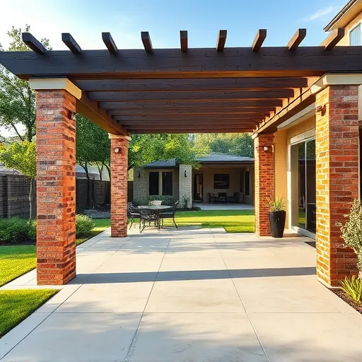 Finished covered patio in Austin with wooden pergola, brick columns, polished concrete floor, lush greenery, modern house, outdoor furniture, and late afternoon sunlight