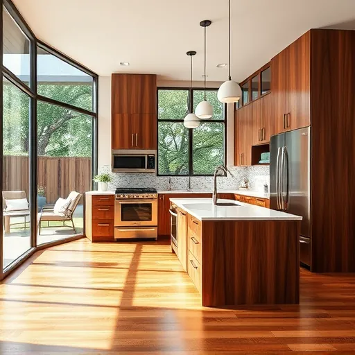 Recently remodeled Travis County kitchen featuring custom wood cabinetry quartz countertops stainless steel appliances polished hardwood flooring natural light outdoor patio