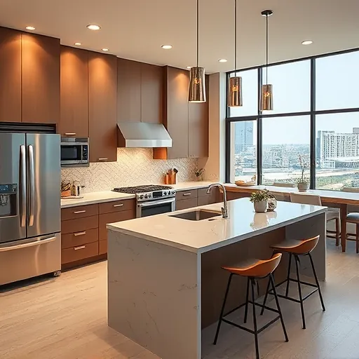 Renovated Austin custom kitchen with modern matte cabinetry, stainless steel appliances, quartz countertops, large island, and city views