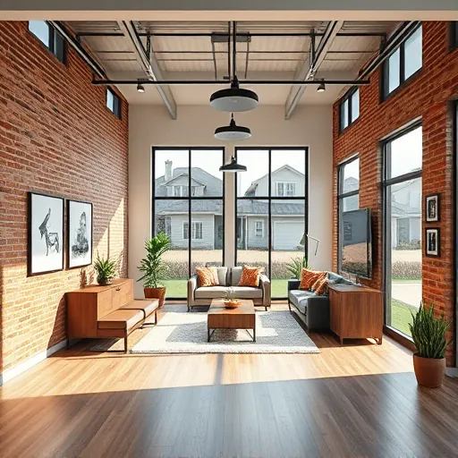 Completed modern garage conversion in Austin with exposed brick walls, hardwood floors, large windows, and stylish lighting