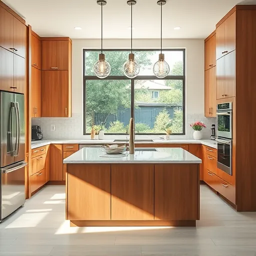 Remodeled kitchen in Clarksville TX with modern cabinetry, quartz countertops, and vibrant garden view through a window.