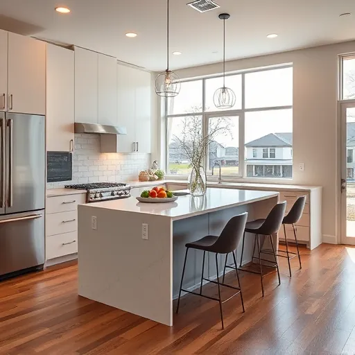 Renovated Mueller TX kitchen with matte modern cabinets quartz island stainless appliances subway tile backsplash hardwood floors bright windows