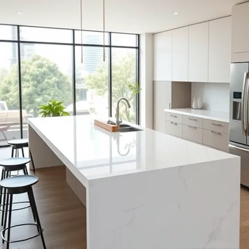 Modern Austin kitchen with polished quartz countertop, sleek cabinetry, natural light, urban view, and modern appliances