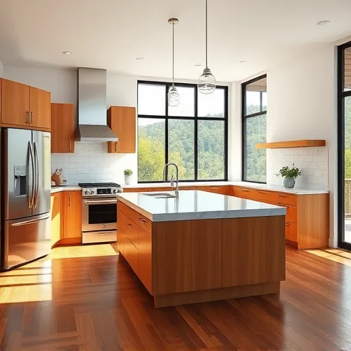 Recently remodeled Wimberley TX kitchen with modern wood cabinets stainless appliances marble island quartz countertops large windows nature view