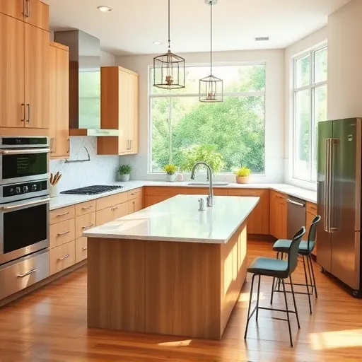 Modern renovated Bouldin Creek TX kitchen with sleek cabinetry, granite island, stainless steel appliances, hardwood floors, large windows, and lush outdoor view