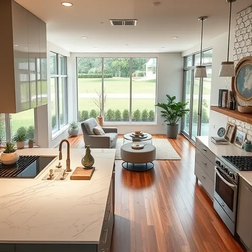 Modern kitchen remodel in Manchaca TX featuring marble countertops, elegant lighting, open layout, and stylish décor.