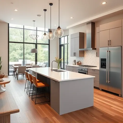Modern kitchen remodeling in Rollingwood TX featuring sleek matte cabinets quartz countertops stainless steel appliances hardwood floors and open-plan design