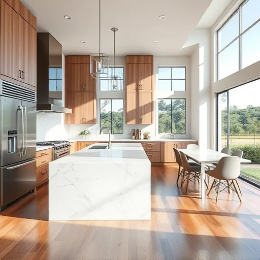 Modern kitchen remodel in Spicewood TX features marble island, stainless appliances, and elegant cabinetry with natural light.