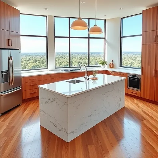 Modern kitchen with a marble island, stainless steel appliances, warm wood cabinets, large windows showing Texas landscape