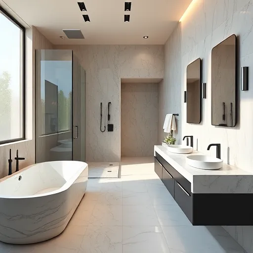 Luxurious modern bathroom in Austin with marble soaking tub, glass shower, double vanity, LED mirror, and elegant finishes
