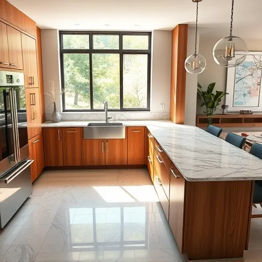 Remodeled Barton Creek TX kitchen with modern wood cabinets granite countertops large island natural light lush view