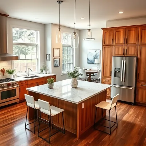 Renovated Crestview TX kitchen with granite counters stainless steel appliances custom wood cabinets large windows hardwood floors marble island pendant lighting herbs barstools and modern dining area