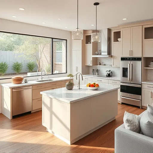 Remodeled Austin kitchen with sleek cabinetry, granite island, natural light, and stylish decor featuring hardwood flooring.