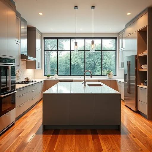 Modern Barton Creek kitchen interior with matte cabinetry quartz countertops stainless steel appliances hardwood floors and lush outdoor view