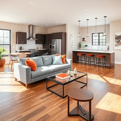Modern living room in Belterra TX with open floor plan, sleek hardwood floors, stylish furnishings, and inviting ambiance.