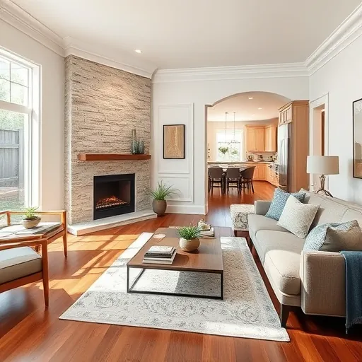 Modern living room in Dripping Springs TX with sleek fireplace, polished floors, natural light, and elegant decor.
