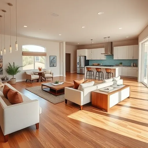 Completed home remodel in Manchaca TX featuring a warm living room, modern decor, elegant wooden flooring, and a sleek kitchen.