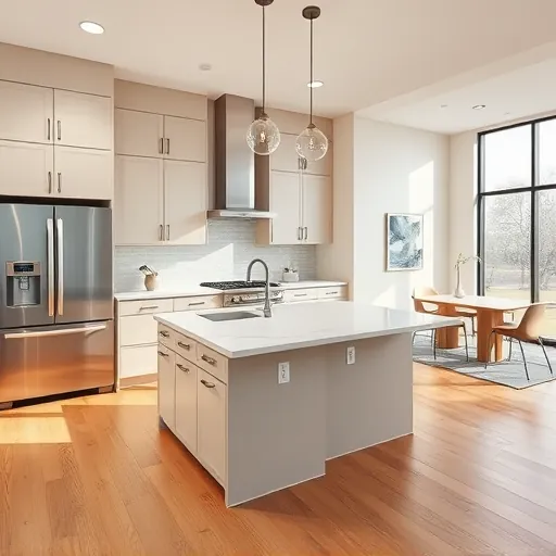 Modern Austin kitchen with sleek matte cabinets stainless steel appliances quartz counters and a central granite island