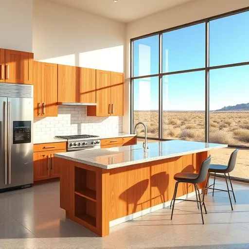 Spacious modern kitchen in Sweetwater TX featuring granite counters, wooden cabinets, stainless steel appliances, and desert views