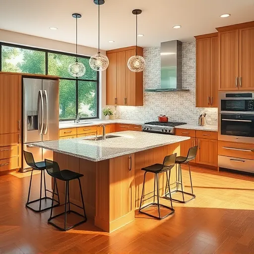 Remodeled South Lamar Texas kitchen with warm wood cabinetry granite counters stainless appliances large island pendant lights outdoor view