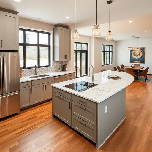 Recently remodeled modern kitchen in Volente TX with matte cabinets, granite countertops, stainless steel appliances, and large windows