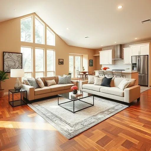 Modern Crestview TX living room with hardwood floors, large windows, and stylish furnishings showcasing luxury remodel.