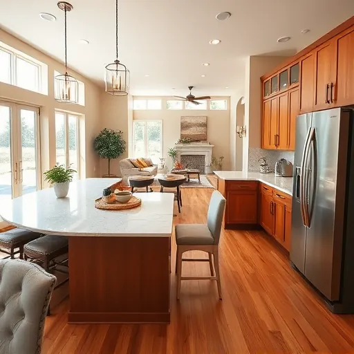 Spacious modern kitchen in Dripping Springs TX with marble countertops, stainless steel appliances, and hardwood flooring.