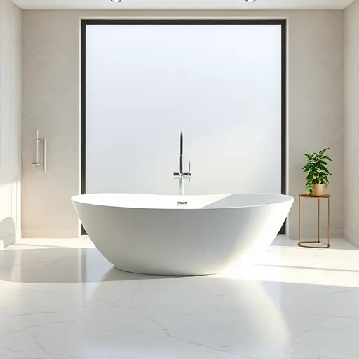 Freestanding modern bathtub installation in Austin with marble flooring frosted windows greenery and sleek fixtures