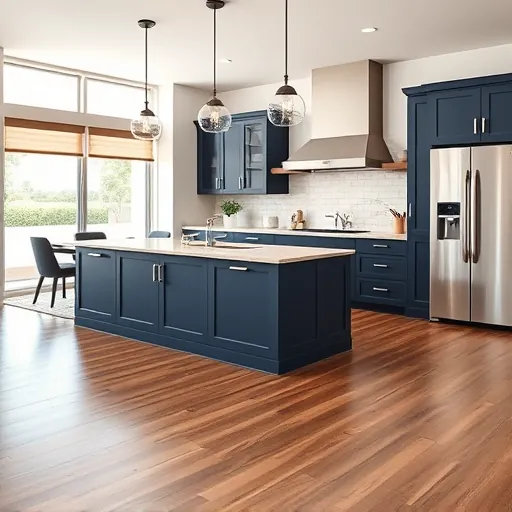 Remodeled Tarrytown TX kitchen with navy blue cabinetry, beige quartz island, stainless appliances, white subway tiles, hardwood floors