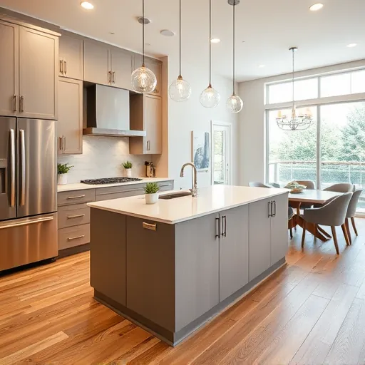 Beautiful completed modern kitchen in Spanish Oaks TX with sleek cabinetry, stainless steel appliances, quartz island, hardwood floors and natural light