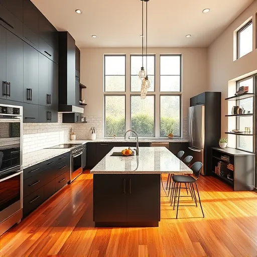 Modern kitchen in Barton Creek TX with black handles, quartz countertops, subway tile backsplash, stainless steel appliances, and hardwood floors