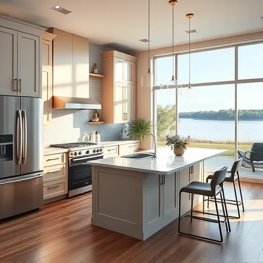 Modern renovated kitchen in Rough Hollow TX with sleek cabinets stainless steel appliances marble island hardwood floors lakeside view