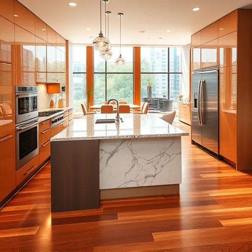 Luxurious Austin kitchen with sleek modern cabinetry, granite countertops, marble island, stainless appliances, and city views