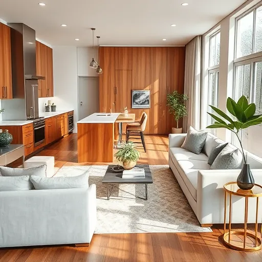 Contemporary kitchen and living room in Allandale TX with modern design, warm decor, and inviting natural light.
