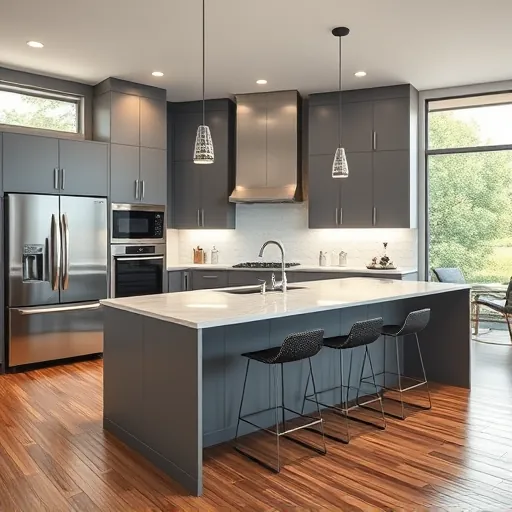 Modern remodeled kitchen in Mueller Texas with matte gray cabinets stainless appliances marble island hardwood floors and natural light