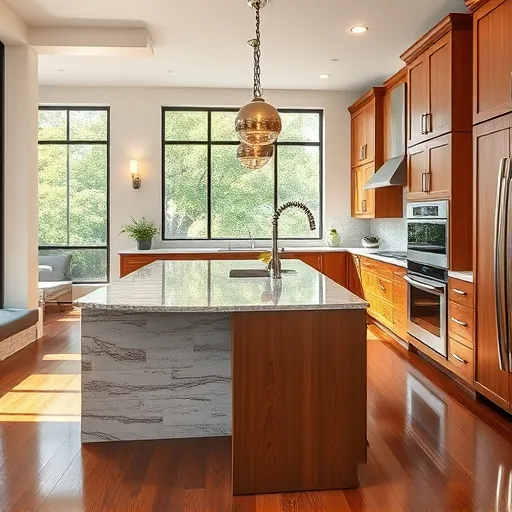Beautifully remodeled kitchen in South Lamar TX with granite countertops, stainless-steel appliances, and polished hardwood floors.