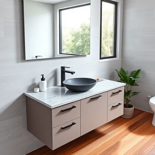 Completed modern bathroom vanity in Austin with granite countertop black faucet vessel sink gray textured tiles hardwood floor