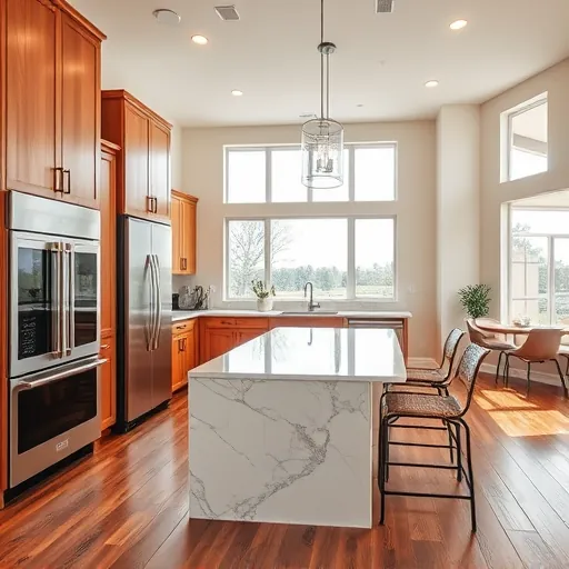 Modern remodeled kitchen in Buda TX with stainless steel appliances granite island hardwood floors and natural light