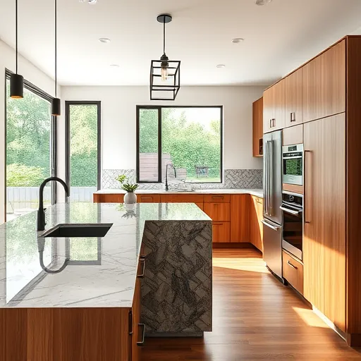 Renovated Windsor Park TX kitchen with sleek modern design, granite countertops, black fixtures, wooden cabinets, stainless appliances, and natural light