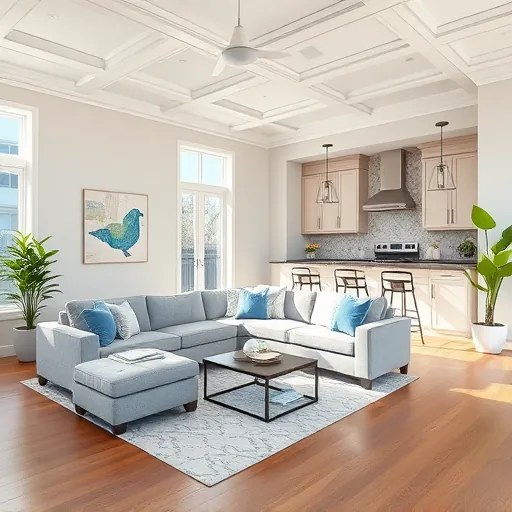 Modern living room remodel in South Lamar TX featuring hardwood floors, custom cabinetry, and vibrant decor accents.