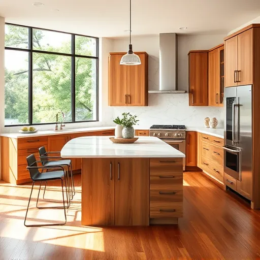 Modern renovated Dripping Springs kitchen with warm wood cabinetry, marble countertops, stainless steel appliances, and natural light