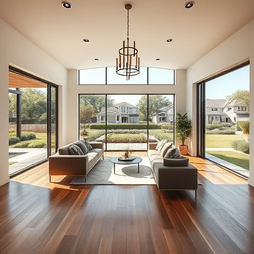 Modern renovated living room in Austin TX with open design, large windows, hardwood floors, contemporary furniture, and seamless architecture