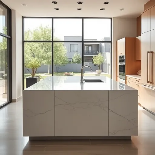 Modern upscale kitchen in Austin with polished marble island, custom matte cabinets, natural light, and sleek design.