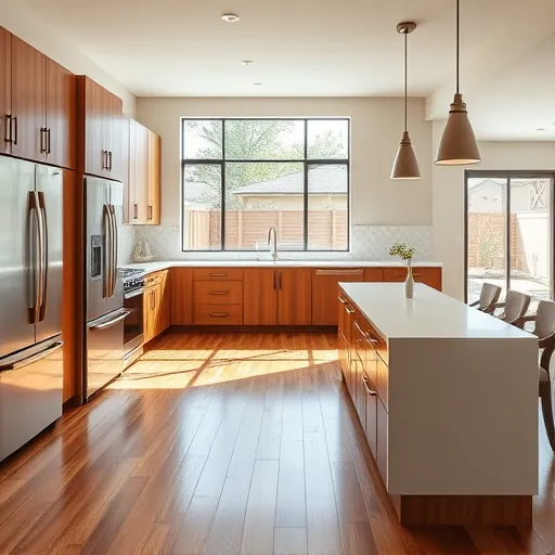 Modern kitchen remodel in Tarrytown TX features wood cabinetry, quartz countertops, and stainless steel appliances.