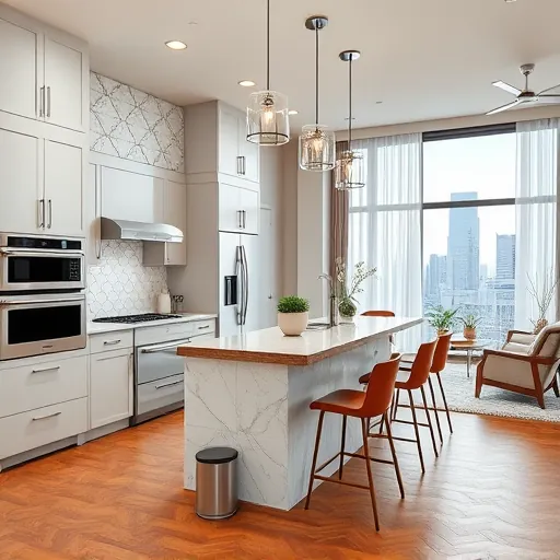 A stylish renovated kitchen in Austin features modern cabinetry, quartz countertops, stainless steel appliances, and wooden flooring.