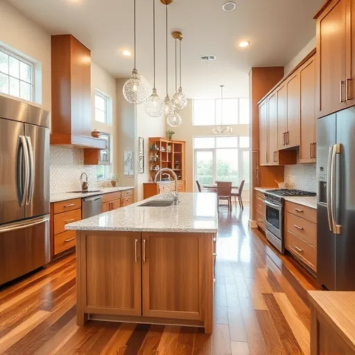 Beautiful remodeled Oak Hill Texas kitchen with modern wood cabinetry stainless appliances large island granite countertop natural light hardwood floors and open dining area