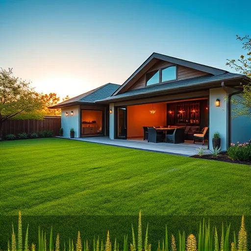 Newly expanded modern home in Austin Texas with large energy-efficient windows, landscaped yard, and sunset outdoor living space