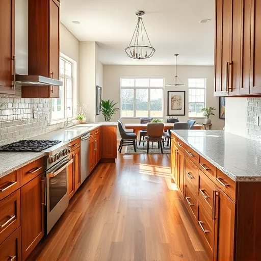 Renovated Circle C Ranch TX kitchen with granite countertops stainless steel appliances wood cabinets hardwood flooring subway tile backsplash and natural lighting