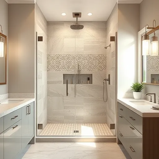 Modern custom tile shower in Austin with mosaic and large tiles, glass doors, sleek fixtures, and natural light