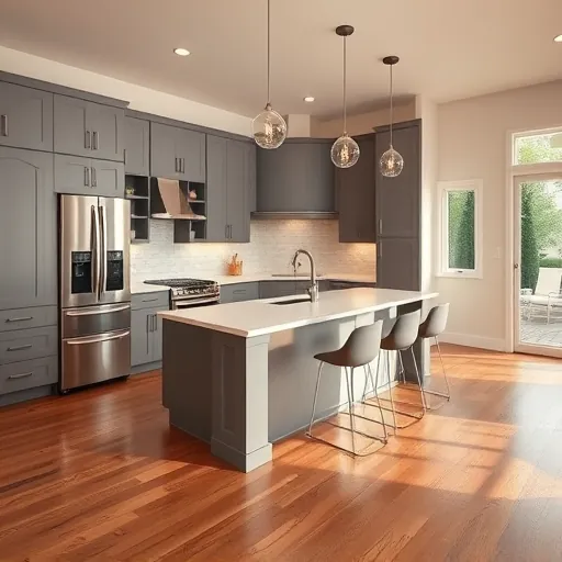 Remodeled modern kitchen in Manchaca TX with gray matte cabinets stainless steel appliances quartz countertops hardwood floor and large windows